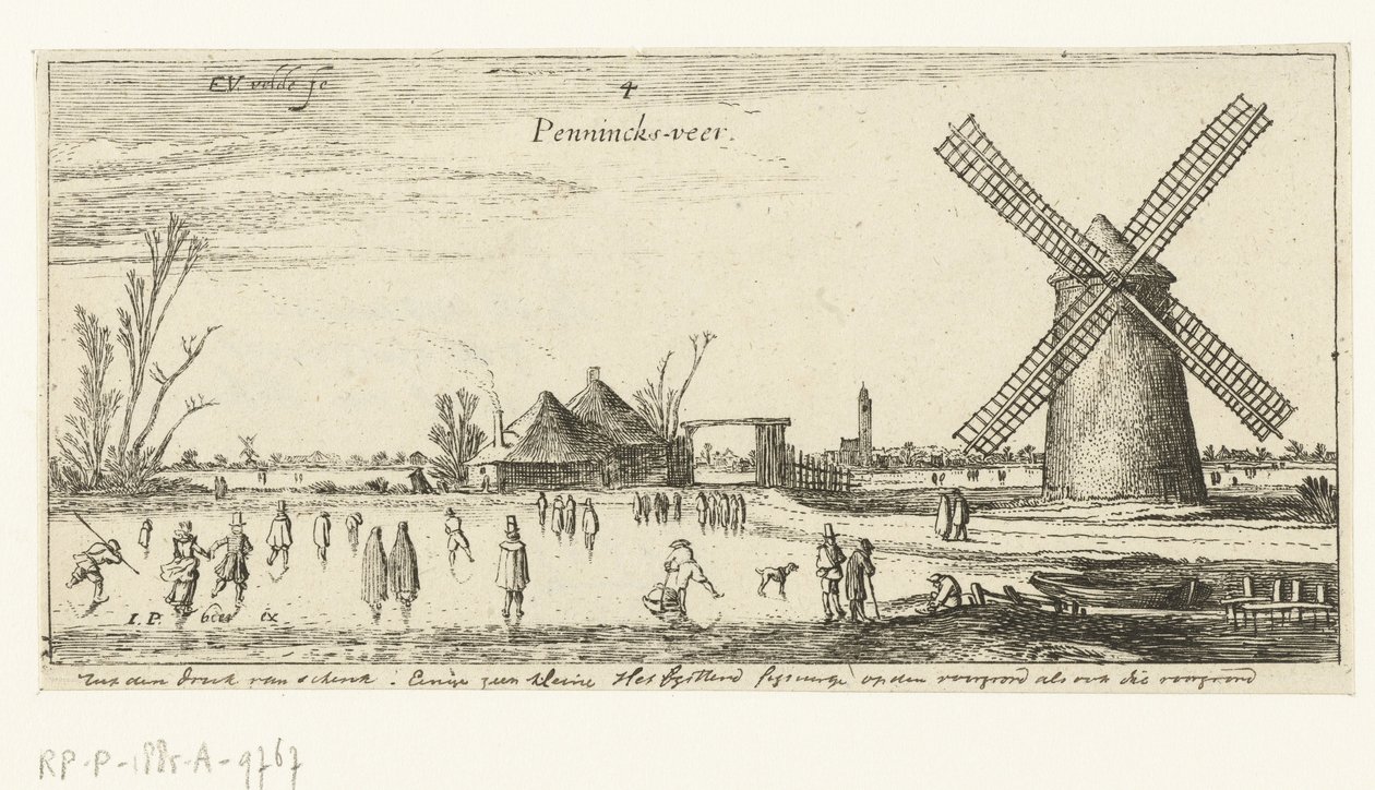 Schlittschuhläufer auf dem Eis bei einer Mühle in der Nähe von Penningsveer von Esaias van de Velde