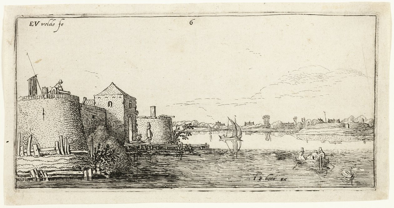 Zehn Landschaften: Umwallte Flussstadt links eines Flusses von Esaias van den Velde I