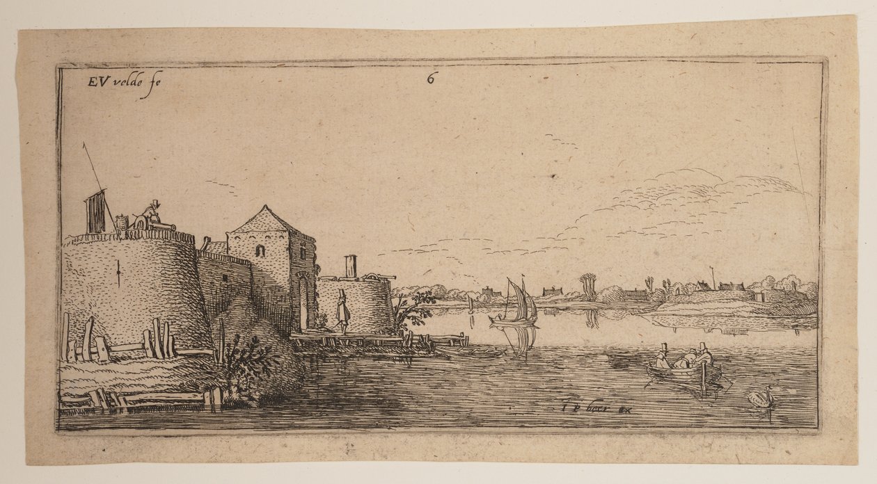 Umwallte Stadt, links eines Flusses, aus Landschaften von Esaias van den Velde I