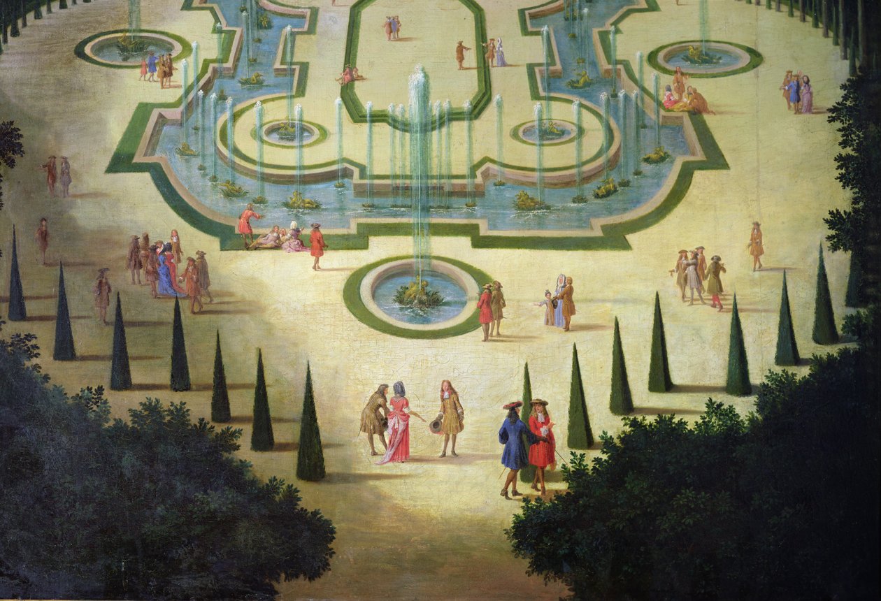 La Salle des Festins ou Salle du Conseil (Detail) der Teiche und Figuren im Vordergrund von Etienne Allegrain