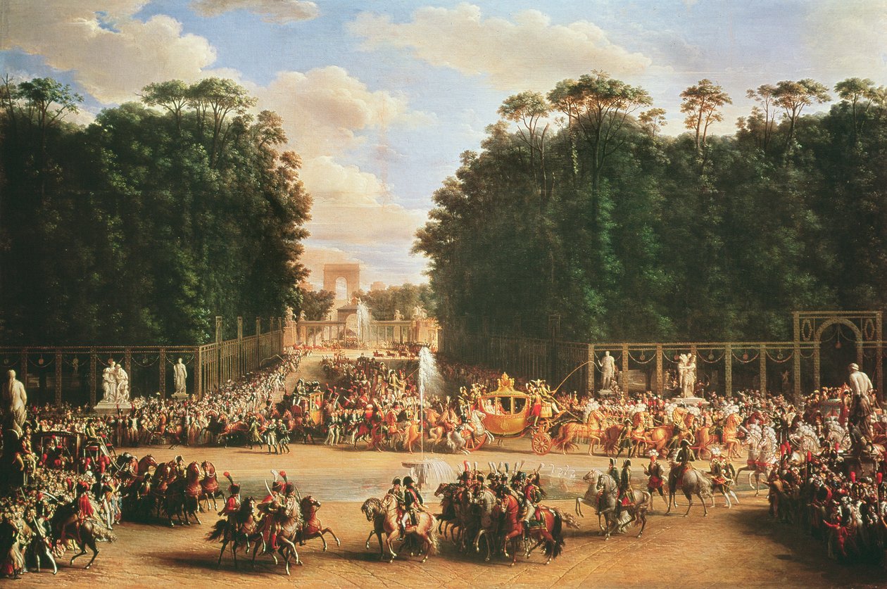 Der Einzug Napoleons und Marie-Louises in die Tuilerien-Gärten am Tag ihrer Hochzeit, 2. April 1810 von Etienne Barthelemy Garnier