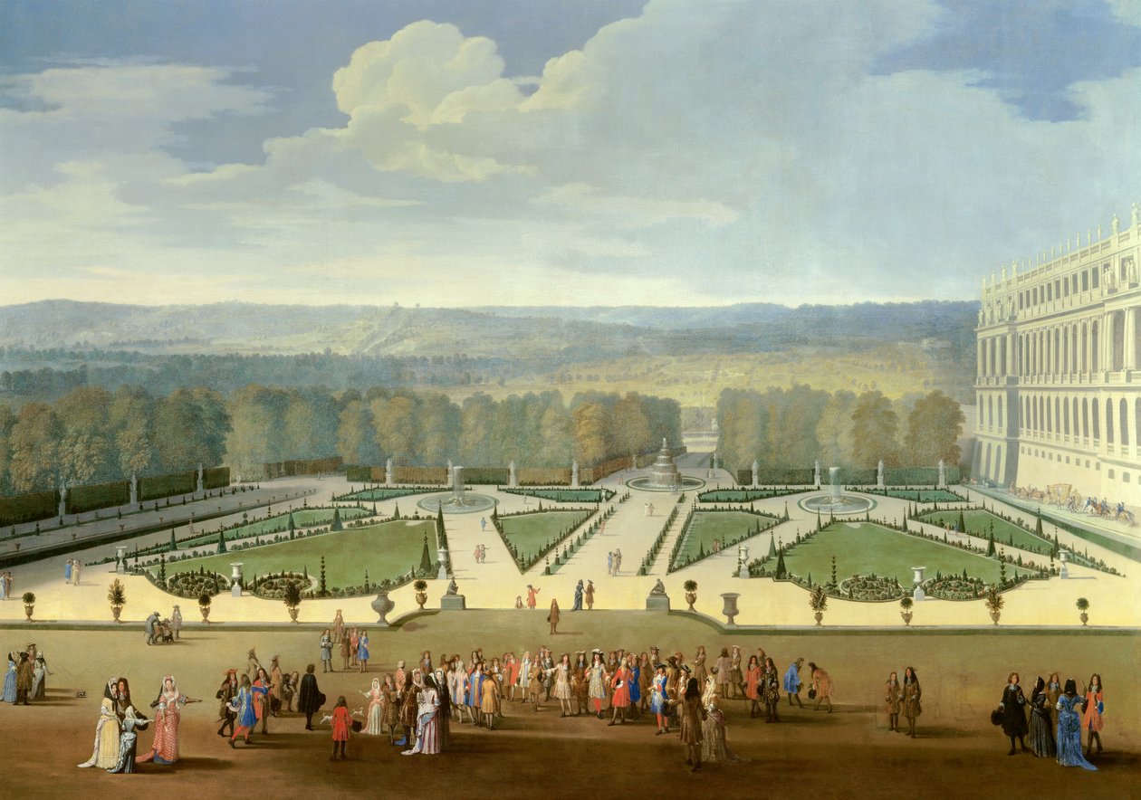 Spaziergang von Ludwig XIV. im nördlichen Parterre der Gärten von Versailles von Etienne Allegrain