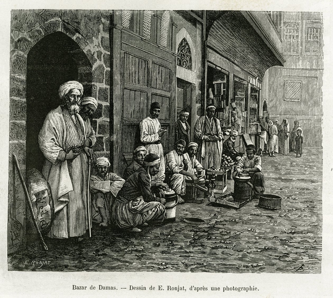 Basar von Damaskus. Gravur von E. Ronjat, zur Illustration der Geschichte La Syrie d