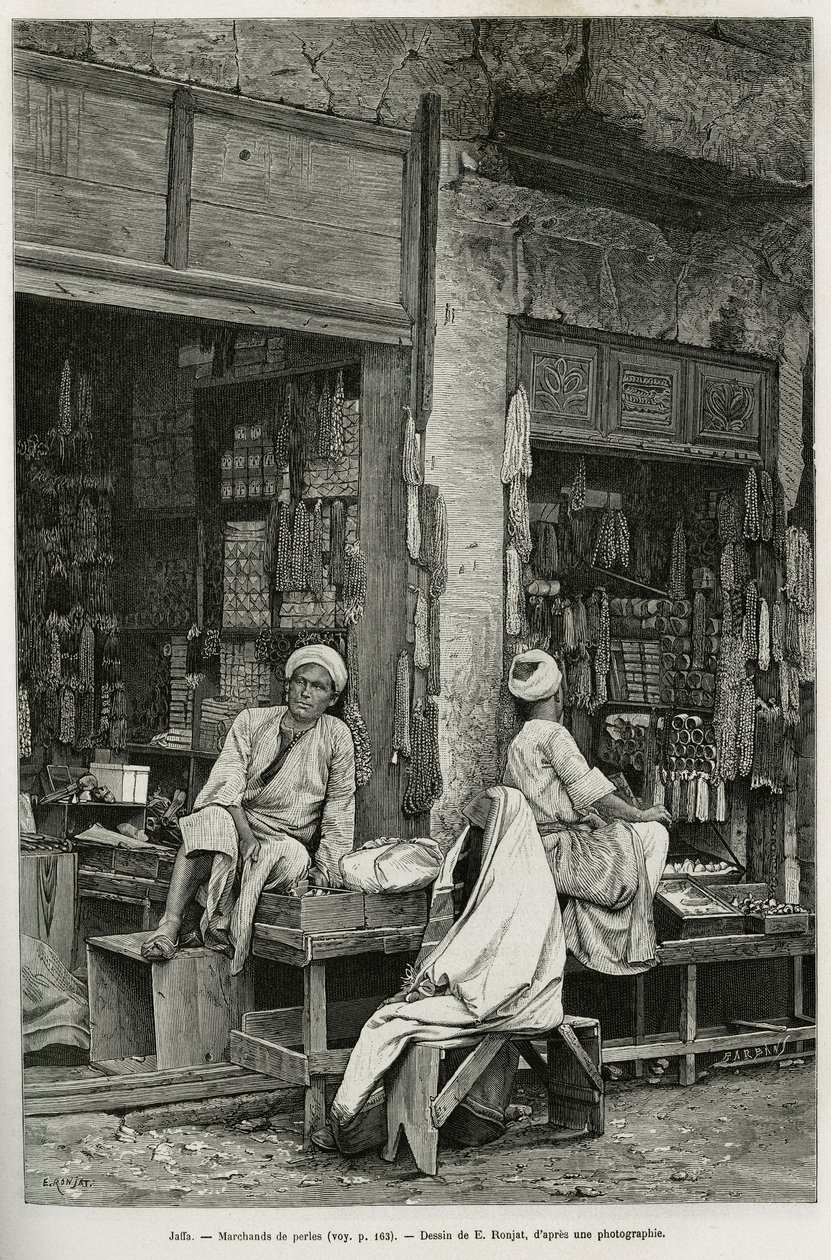 Perlenhändler in Jaffa (Israel). Gravur von E. Ronjat zur Illustration von La Syria d