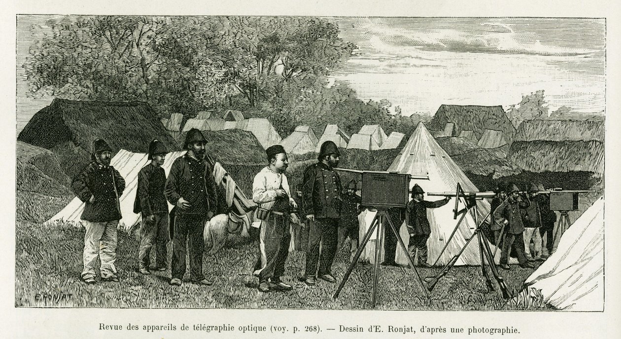 Überprüfung der optischen Telegrafie-Apparate. Gravur von E.Ronjat zur Illustration der Geschichte Trente mois au Tonkin von Etienne Antoine Eugene Ronjat