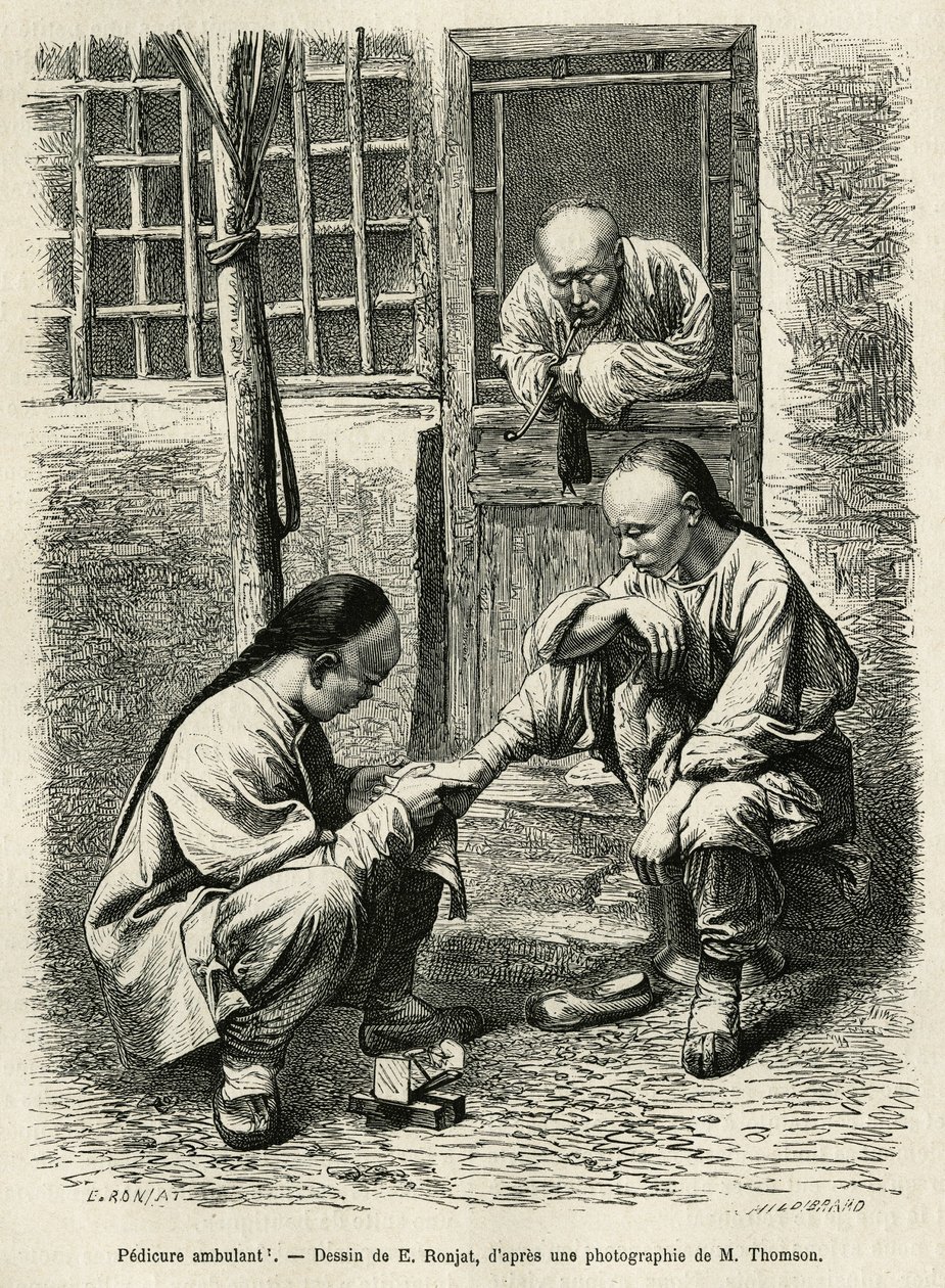 Der wandernde Fußpfleger, eine alltägliche Szene des täglichen Lebens in chinesischen Städten. Gravur nach der Zeichnung von E. Ronjat, zur Illustration der Reise nach Peking und Nordchina, von T. Choutze, 1873, veröffentlicht in „Le tour du monde“ 1876, h von Etienne Antoine Eugene Ronjat