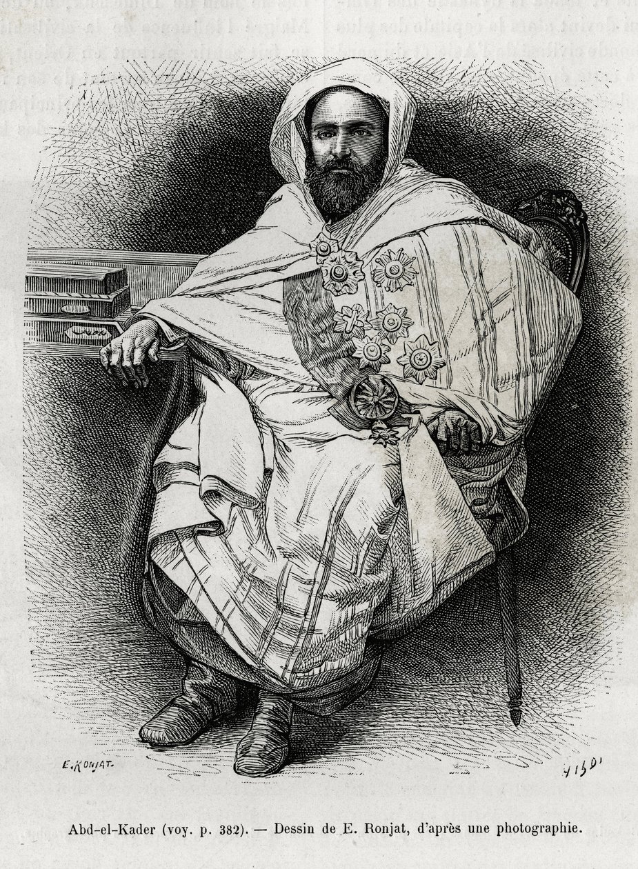 Porträt von Abd El Kader (1808-1883) algerischer Emir und Sultan, Sufi-Theologe, Politiker und militärischer Widerstandskämpfer gegen die französische Kolonialarmee, auch Schriftsteller, Dichter und Philosoph. Gravur von E. Ronjat, zur Illustration der Ges von Etienne Antoine Eugene Ronjat