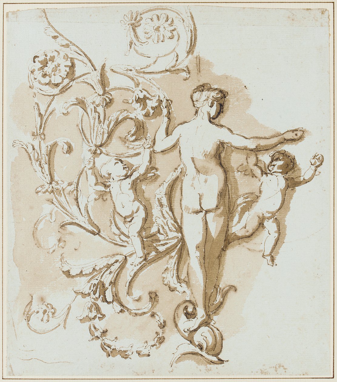 Weiblicher Akt von hinten gesehen, mit zwei Putti, unter Akanthusblatt-Dekoration von Etienne de Lavallee Poussin