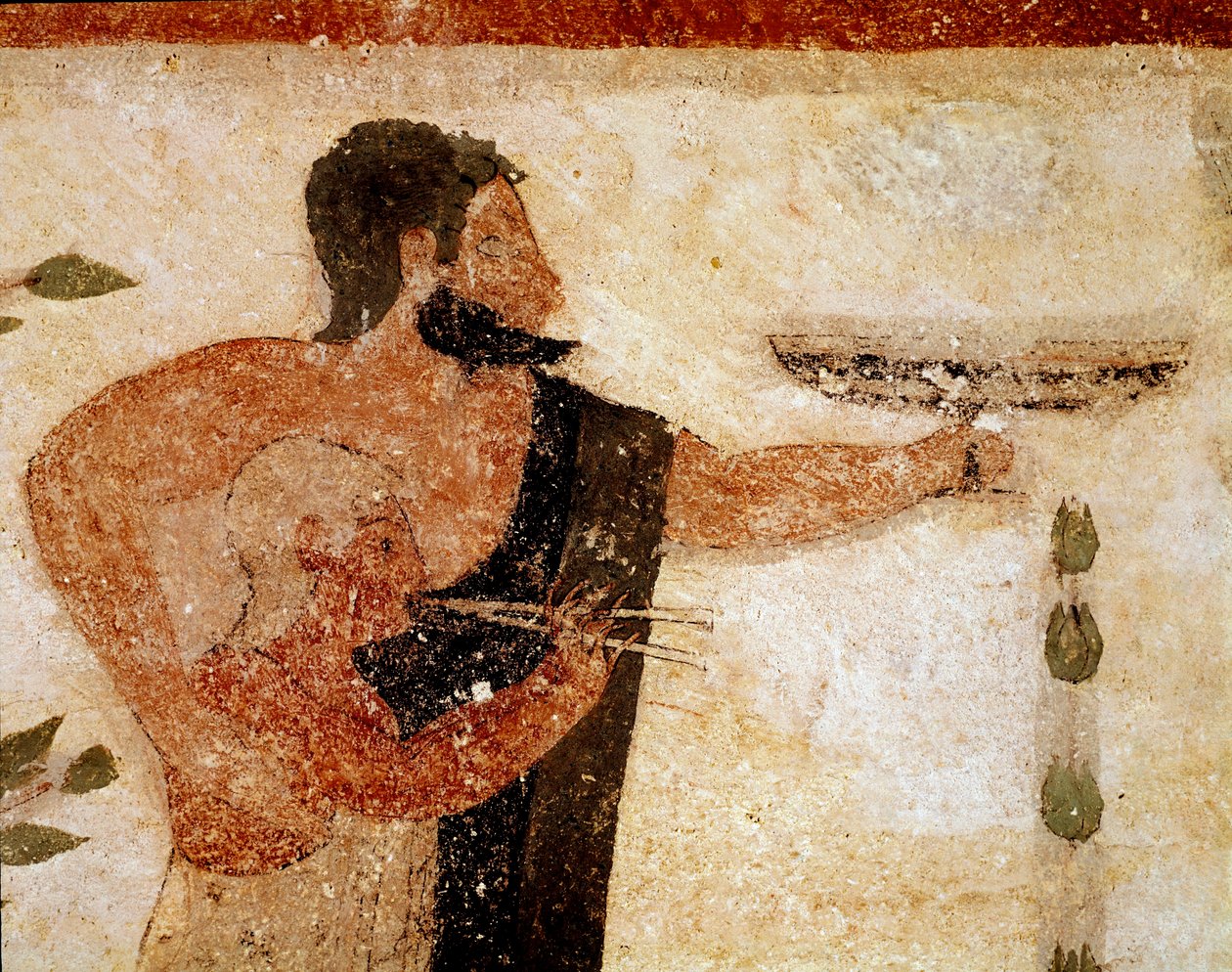Ein bärtiger Mann präsentiert eine Tasse, neben ihm ein Musiker (Detail) von Etruscan