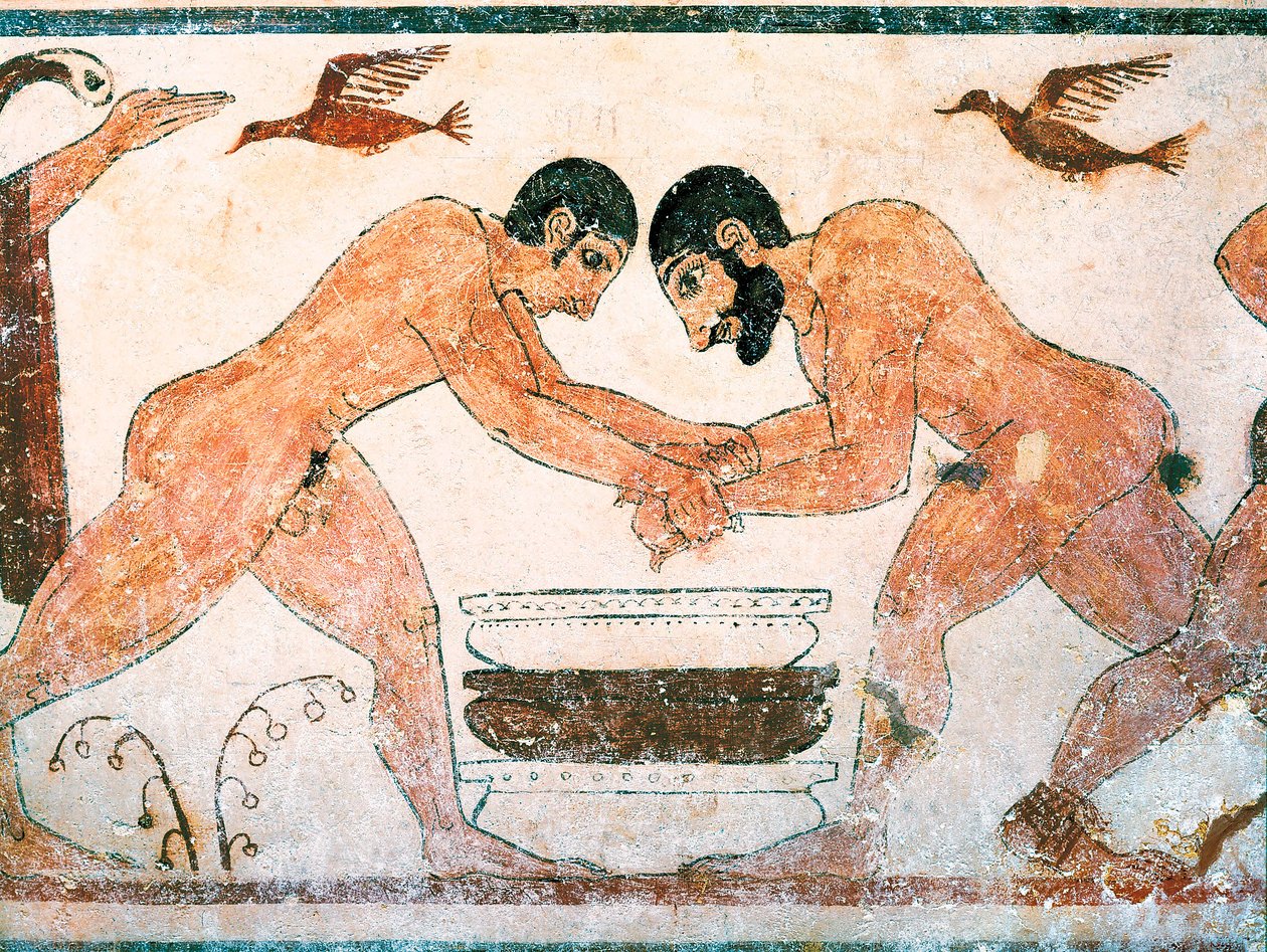 Etruskische Kunst: Athleten dargestellt im Grab der Auguren in der Nekropole von Monterozzi Tarquinia, nahe Viterbo, Italien. Fresko aus dem 6. Jahrhundert v. Chr. von Etruscan