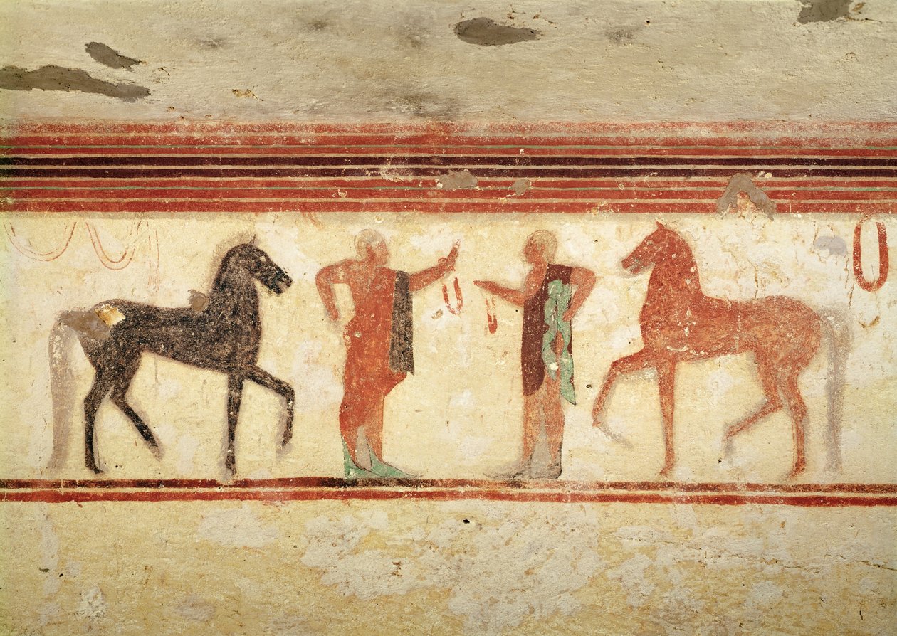 Pferde und Reiter, die die Zügel halten, aus dem Grab des Barons, um 500 v. Chr. (Wandmalerei) von Etruscan