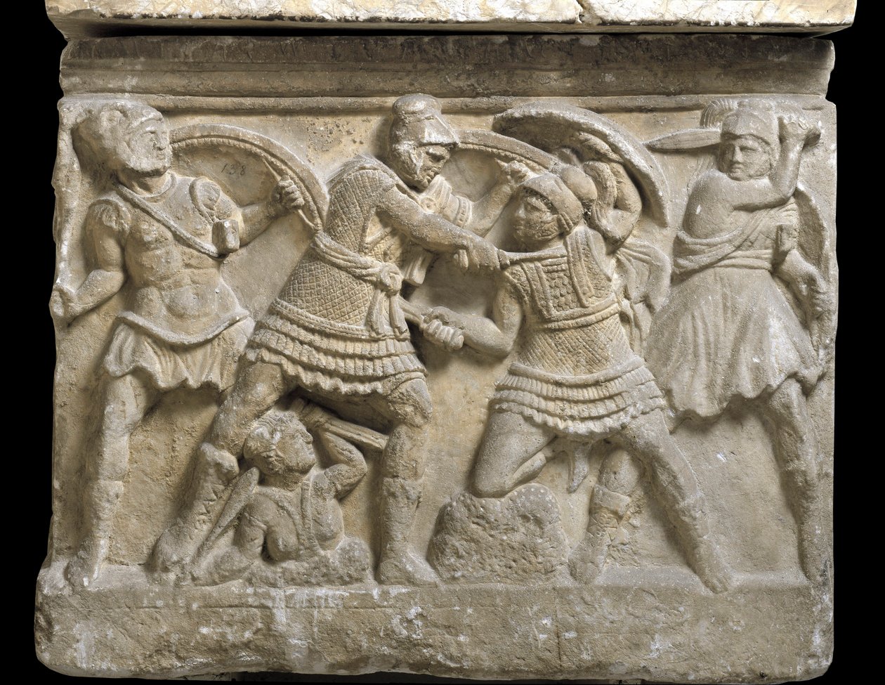 Etruskische Kunst: „Eteokles und Polyneikes“ die beiden Brüder, Söhne des Ödipus, Basrelief eines Sarkophags von Chiusi, 3. Jahrhundert v. Chr. - Palermo, Museo Archeologico Nazionale - Duell zwischen den Brüdern Eteokles und Polyneikes, Söhne des Ödipus - von Etruscan Etruscan