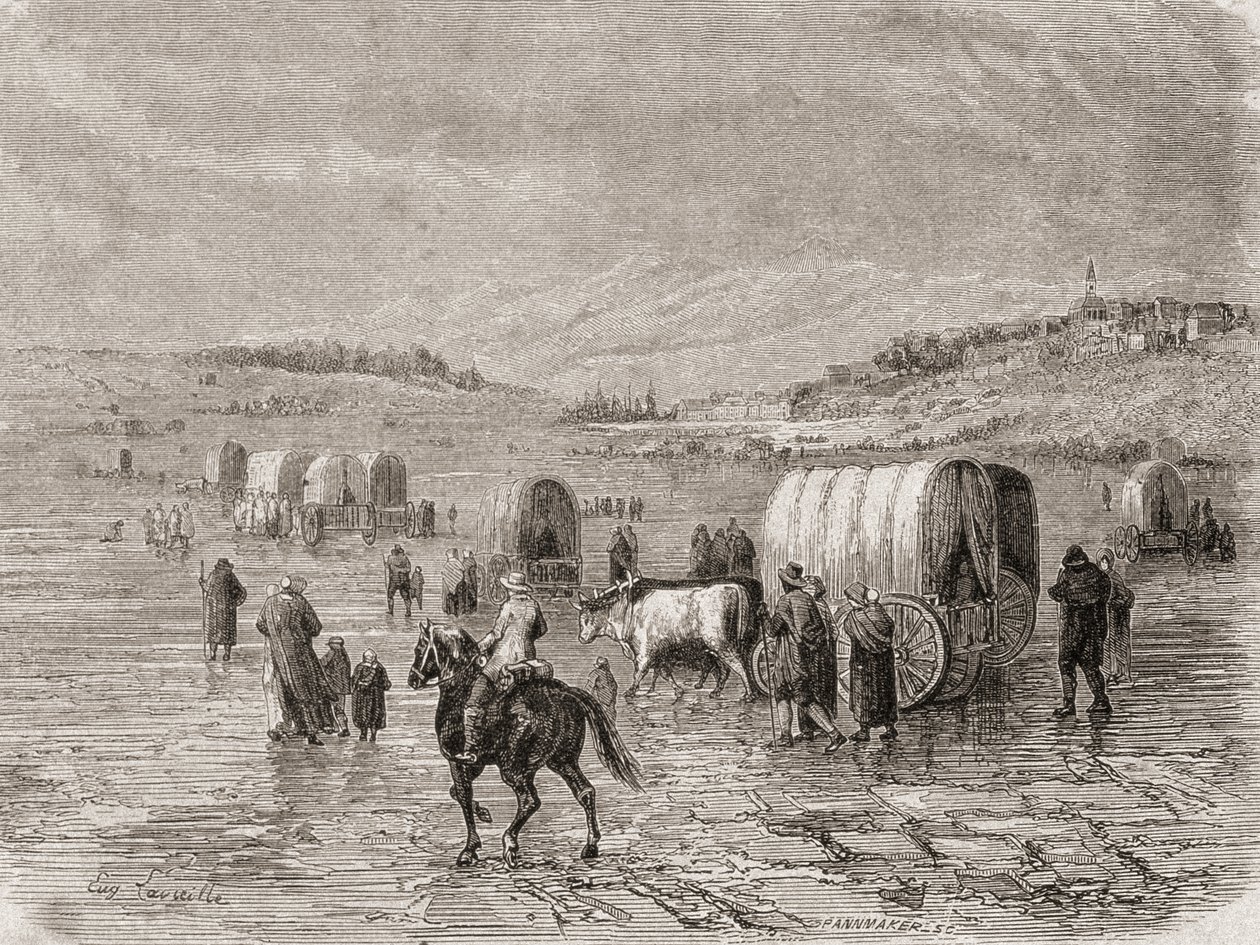 Ein Wagenzug, der in den 1860er Jahren nach Westen zieht, graviert von Stephane Pannemaker (1847-1930) von Eugene Antoine Samuel Lavieille