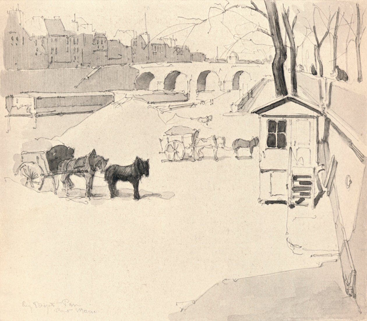 Die Pont Marie - Pferde und Karren, 1915 von Eugene Bejot