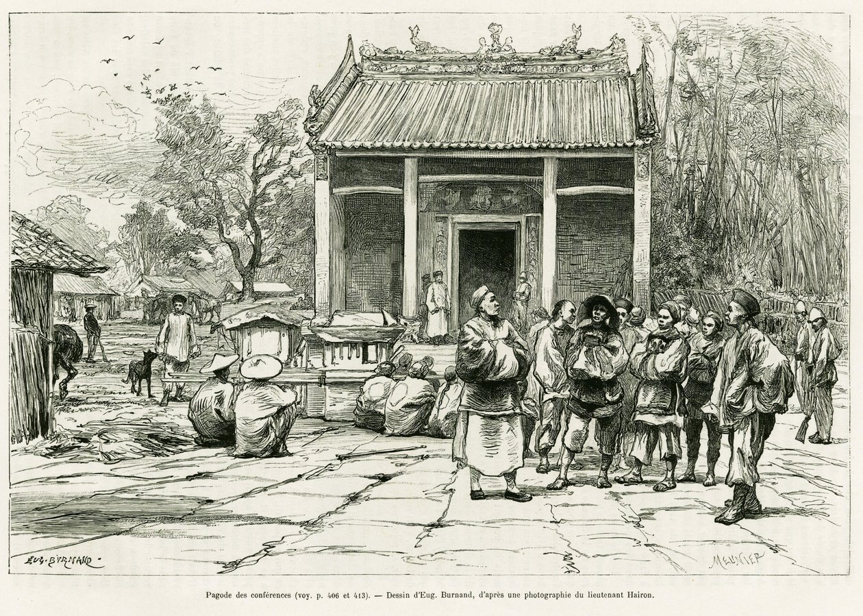 Konferenzpagode, Monkay. Gravur von Eugene Burnand, zur Illustration der Geschichte Sur les frontières du Tonkin, von Doktor P. Neiss, in Le tour du monde 1888, herausgegeben von Edouard Charton (1807-1890), Hachette, Paris. von Eugene Burnand