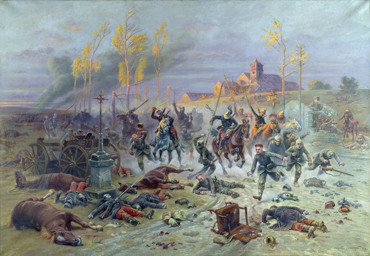 Der Angriff französischer Soldaten in der Schlacht an der Marne, 8. oder 9. September 1914, 1915 von Eugene Chaperon