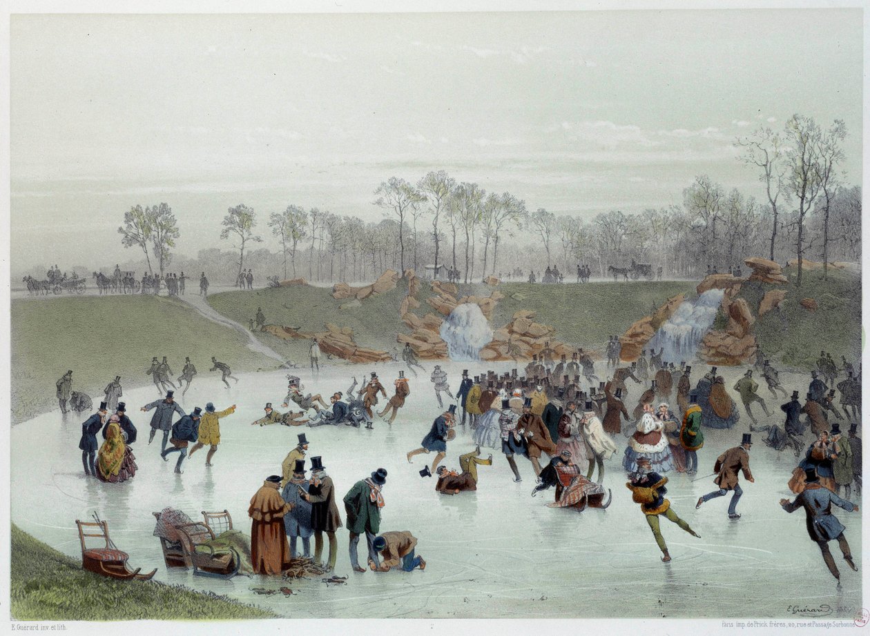 Die Skater im Bois de Boulogne Lithographie von Eugene Guerard von Eugene Charles Francois Guerard