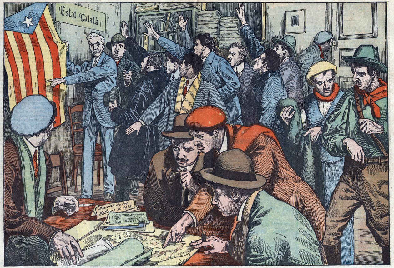 Katalanische Separatisten bereiten ihren Plan in Paris vor. Illustration von Damblans. In „Le Pelerin“ vom 28. November von Eugene Damblans