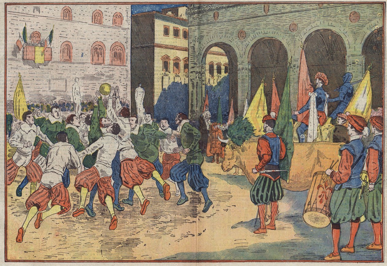 Florenz, Italien: Auf der Piazza della Signoria wurde ein Teil des „calcio“, Fußball des 15. Jahrhunderts, in Kostümen der Zeit nachgestellt. Ein Ochse wurde dem Siegerteam angeboten. Illustration von Damblans. In „Le Pelerin“ vom 8. Juni von Eugene Damblans