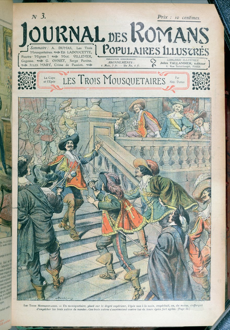 Titelseite einer Serialisierung von Die drei Musketiere von Alexandre Dumas von Eugene Damblans