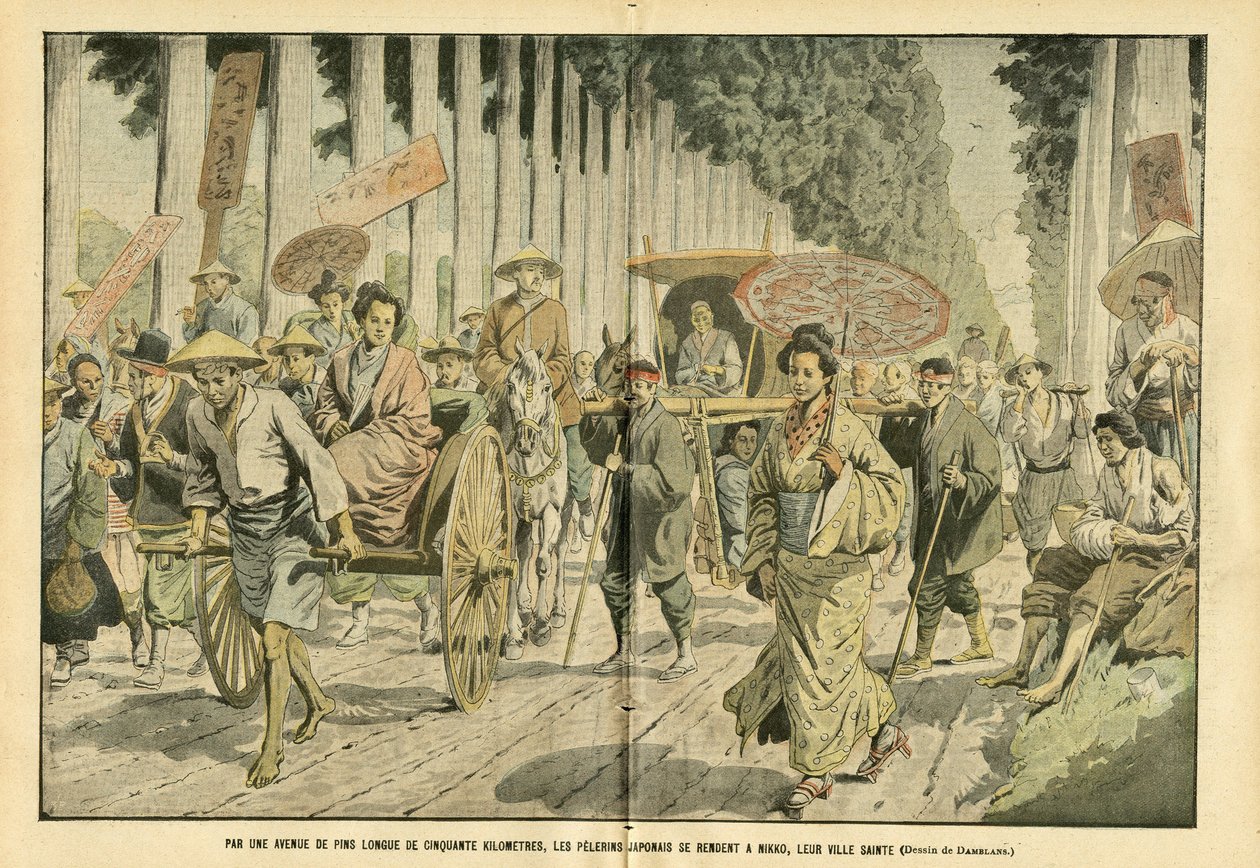 Illustration von Eugene Damblans (1865-1945) in Le Pelerin, 09/04/05 - Auf einer fünfzig Kilometer langen Allee von Kiefern gehen japanische Pilger nach Nikko, ihrer heiligen Stadt - Religion Glaube, Japan, Mode, Baum, Nikko - Pilgerreisen von Eugene Damblans
