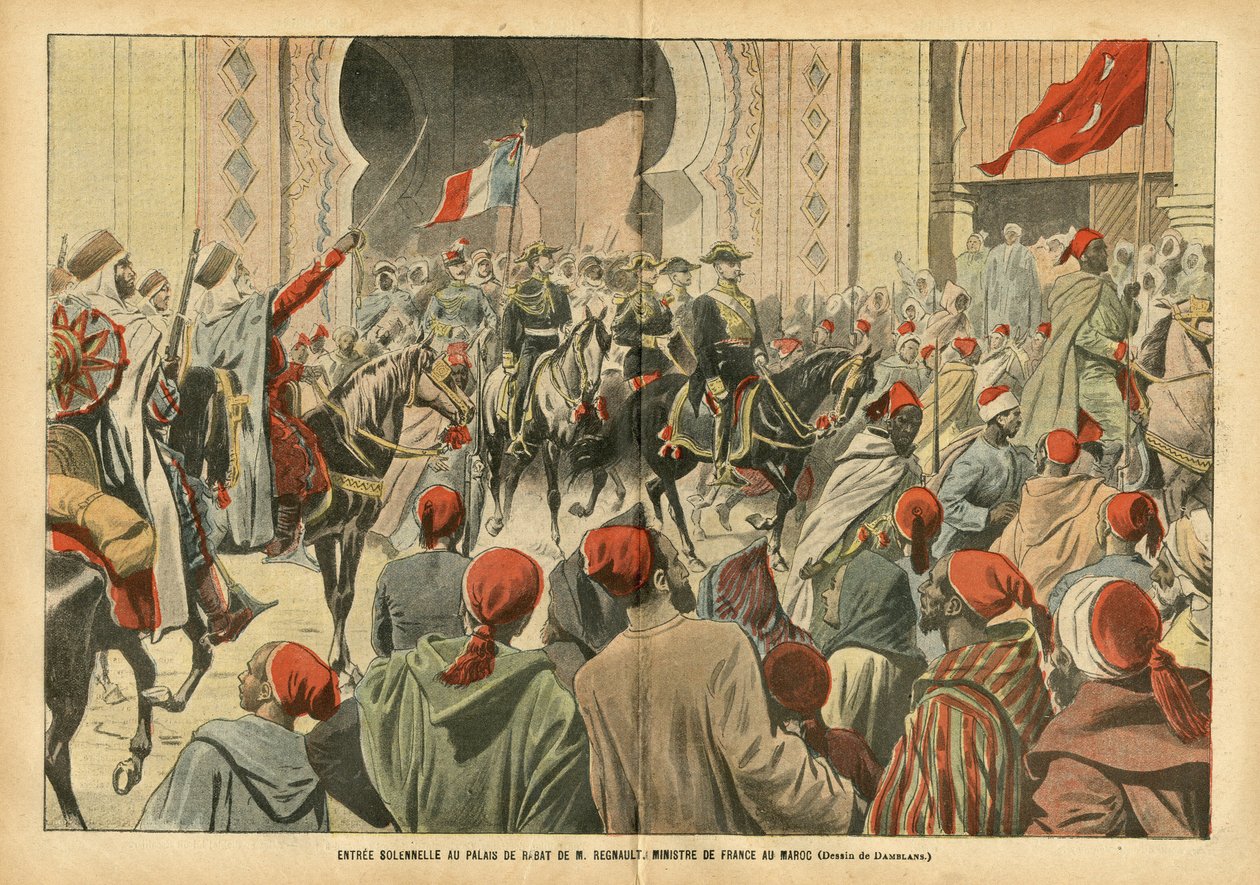 Illustration von Eugene Damblans (1865-1945) in Le Pelerin, 20/10/07 - Feierlicher Einzug in den Palast von Rabat durch Herrn Regnault, Minister von Frankreich in Marokko - Kolonisation Kolonialismus Kolonien, Architektur Stadtplanung, Marokko, Offizieller von Eugene Damblans