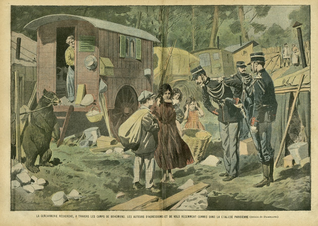Illustration von Eugene Damblans (1865-1945) in Le Pelerin, 21/04/07 - Die Gendarmerie sucht in den Lagern der Zigeuner nach Tätern von kürzlich begangenen Anschlägen und Raubüberfällen in den Pariser Vororten - Verschiedene Fakten, Kindheit, Polizei, Elen von Eugene Damblans
