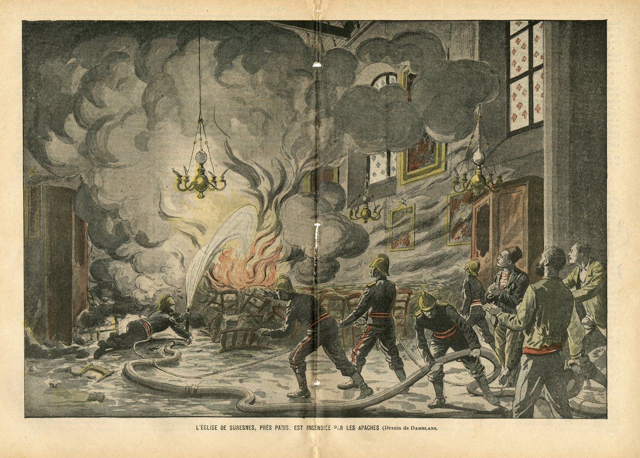 Illustration von Eugene Damblans (1865-1945) in Le Pelerin, 26/06/04 - Die Kirche von Suresnes, nahe Paris, wird von den Apachen niedergebrannt - Verschiedene Fakten, Religion Glaube, Unsicherheit, Kathedrale Kirchen, Feuer, Suresnes, Katholizismus - Apach von Eugene Damblans