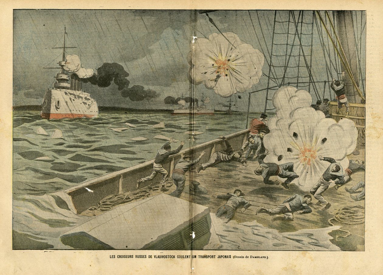 Illustration von Eugene Damblans (1865-1945) in Le Pelerin, 28/02/04 - Die russischen Kreuzer von Wladiwostok versenken einen japanischen Transporter - Armee, Marine, Russisch-Japanischer Krieg, Kriegsschiffe, Wladiwostok - Matrosen von Eugene Damblans
