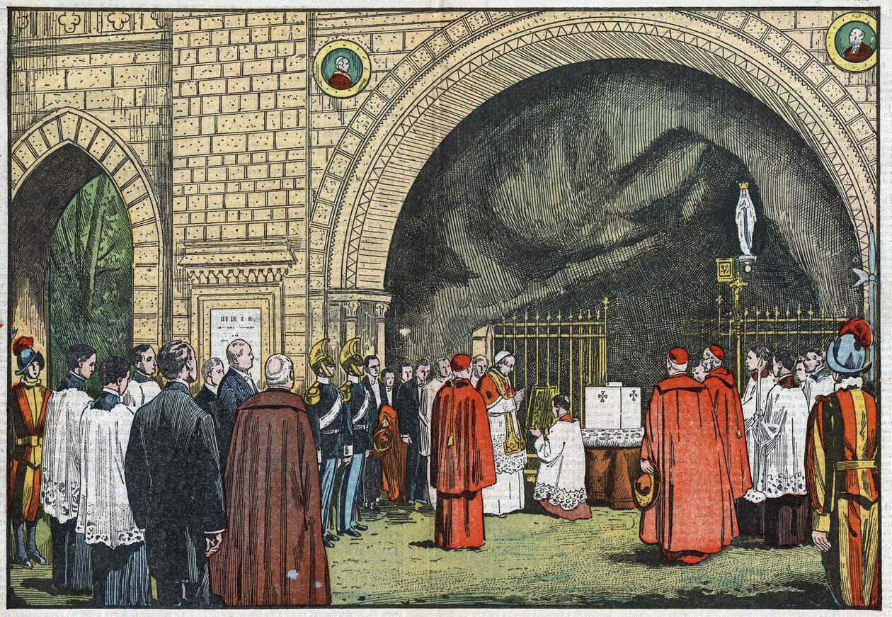 Vor der „Grotte von Lourdes“ in den Gärten des Vatikans segnet Papst Pius XI. den ersten Stein des Kollegs der Propaganda, das auf dem Janikulum errichtet werden soll. Illustration von Damblans. In „Le Pèlerin“ vom 3. Juni von Eugene Damblans