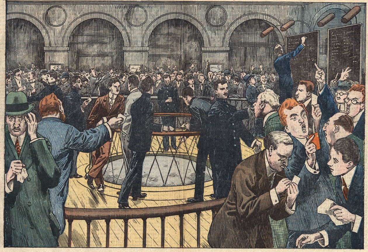Innere Ansicht der Pariser Börse. Illustration von Damblans. In „Le Pelerin“ vom 5. Dezember von Eugene Damblans