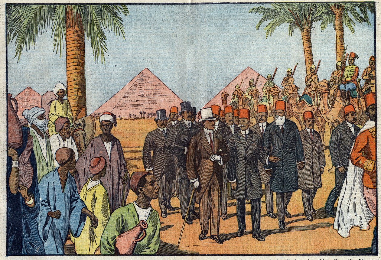 König Amanullah von Afghanistan (1892-1960) besucht die Pyramiden von Ägypten, begleitet von einer Eskorte von Meharisten. Kairo, Ägypten. Illustration von Damblans. In „Le Pèlerin“ vom 22. Januar von Eugene Damblans