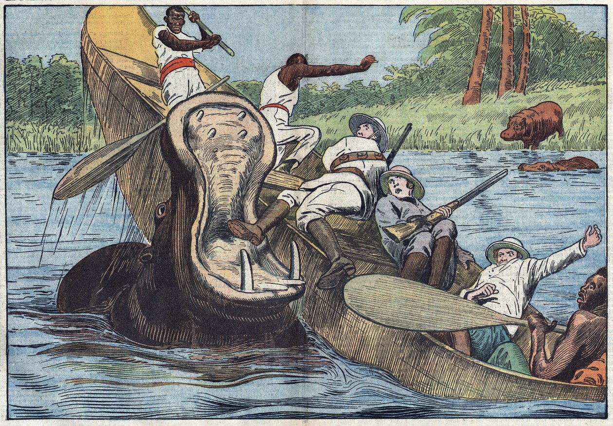 Auf dem Viktoriasee, Afrika, kentert ein Boot mit anglikanischen Missionaren und Einheimischen durch ein verwundetes Nilpferd. Illustration von Damblans. In „Le Pelerin“ vom 16. Mai von Eugene Damblans