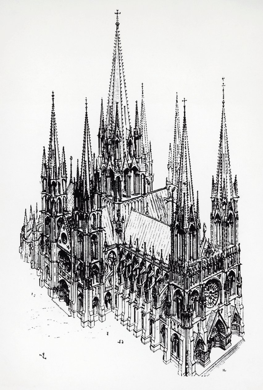Isometrische Ansicht einer idealen Kathedrale, Zeichnung von Eugène Emmanuel Viollet-le-Duc aus dem Wörterbuch der französischen Architektur vom 11. bis 16. Jahrhundert von Eugene Emmanuel Viollet le Duc