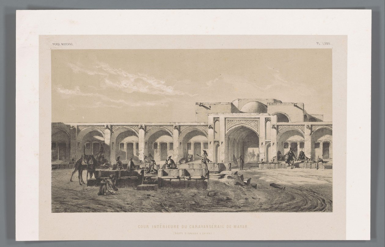 Innenhof der Karawanserei von Mahyar von Eugene Flandin
