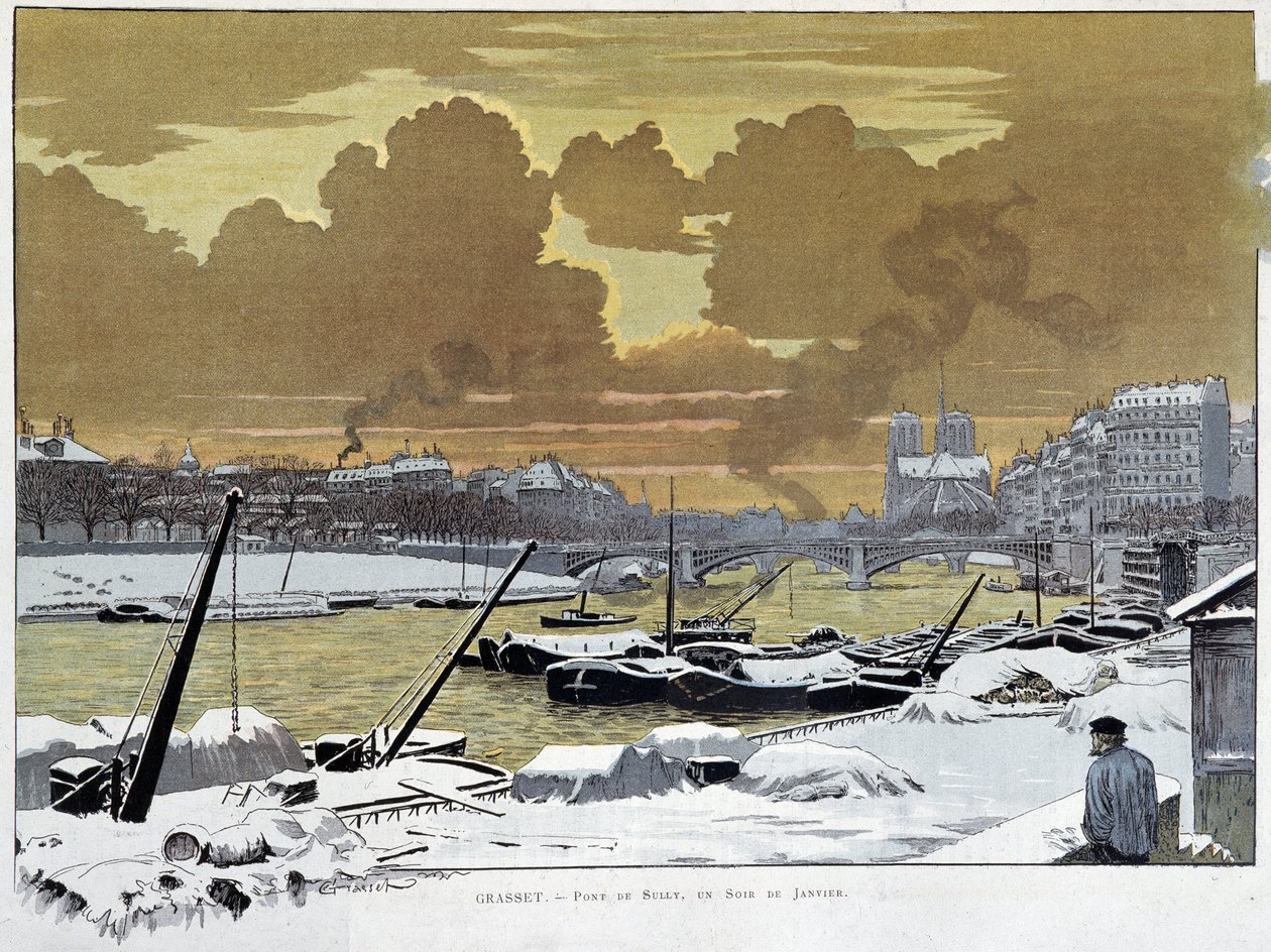 Die Brücke von Sully, in Paris schneebedeckt, ein Abend im Januar 1886 - von Grasset von Eugene Grasset