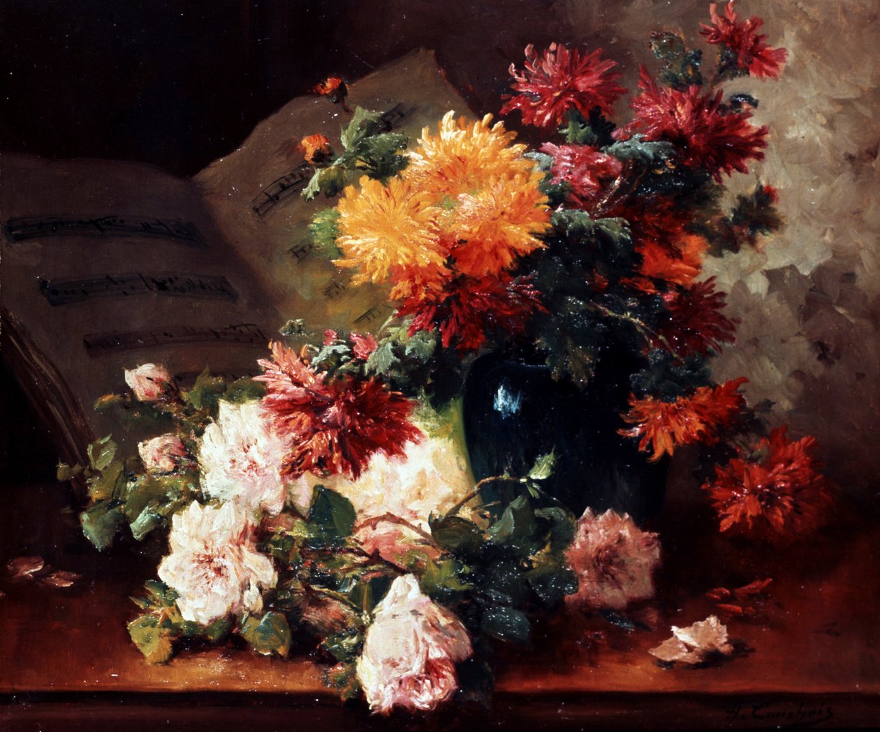 Chrysanthemen und Rosen von Eugene Henri Cauchois