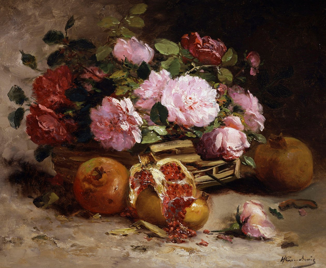 Stillleben mit rosa Rosen und Granatäpfeln von Eugene Henri Cauchois