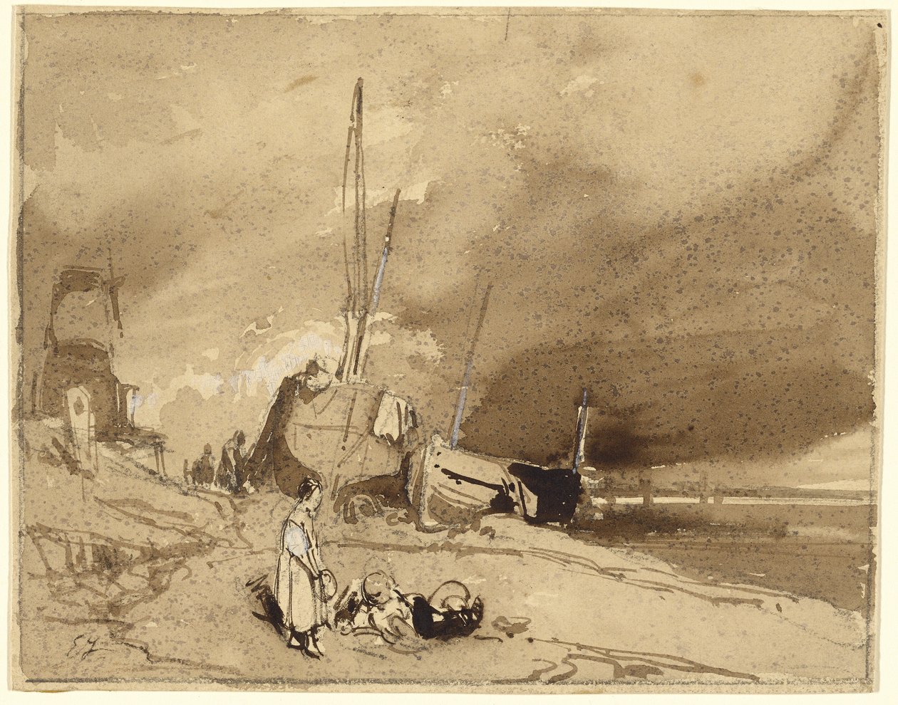 Strandrand (Fischerboote am Strand, Sturmwolken in der Ferne) von Eugene Isabey