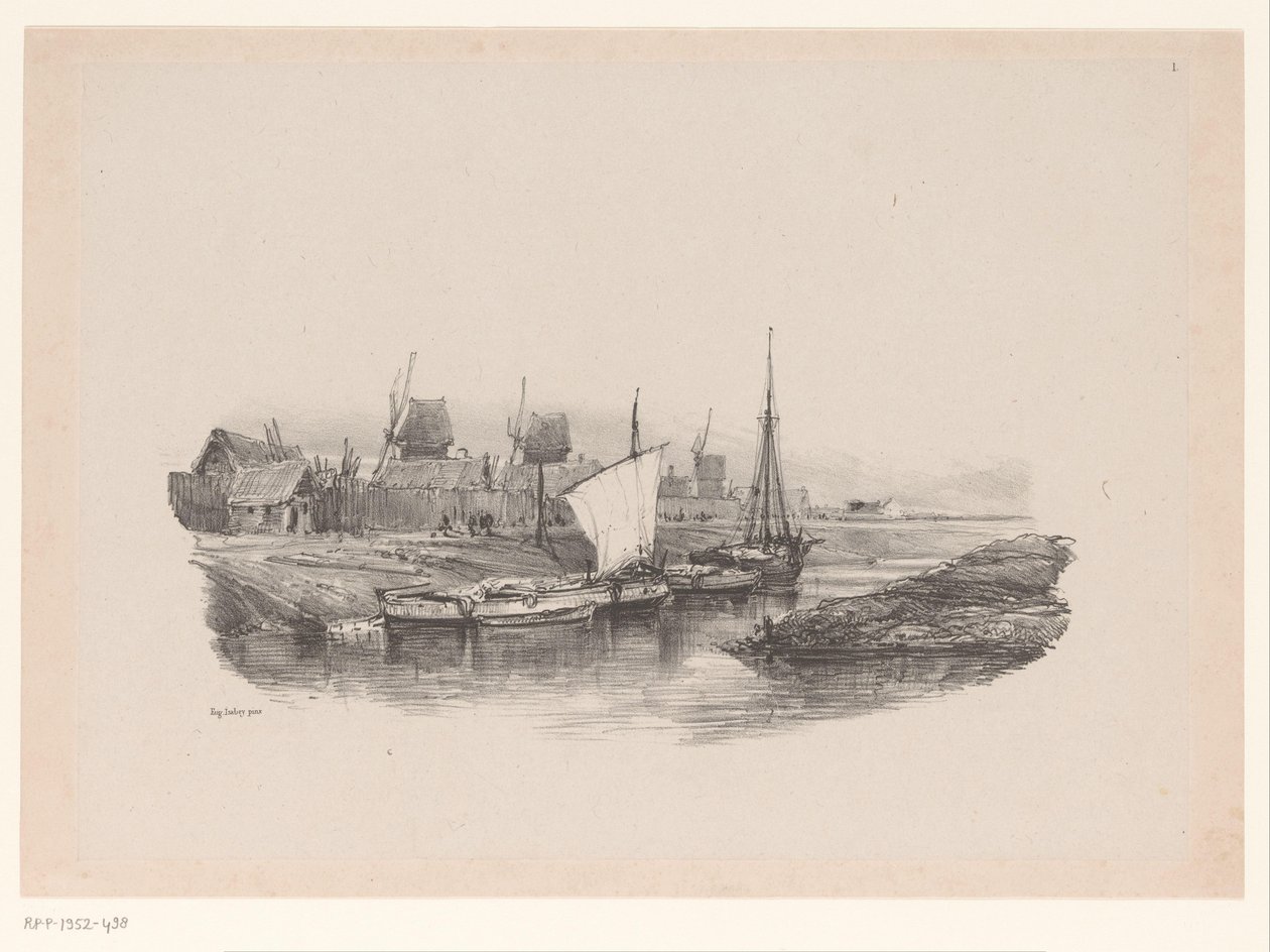 Hafen mit Booten und Windmühlen von Eugene Isabey