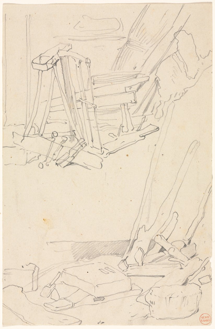 Studien von Holz und landwirtschaftlichen Geräten von Eugene Isabey