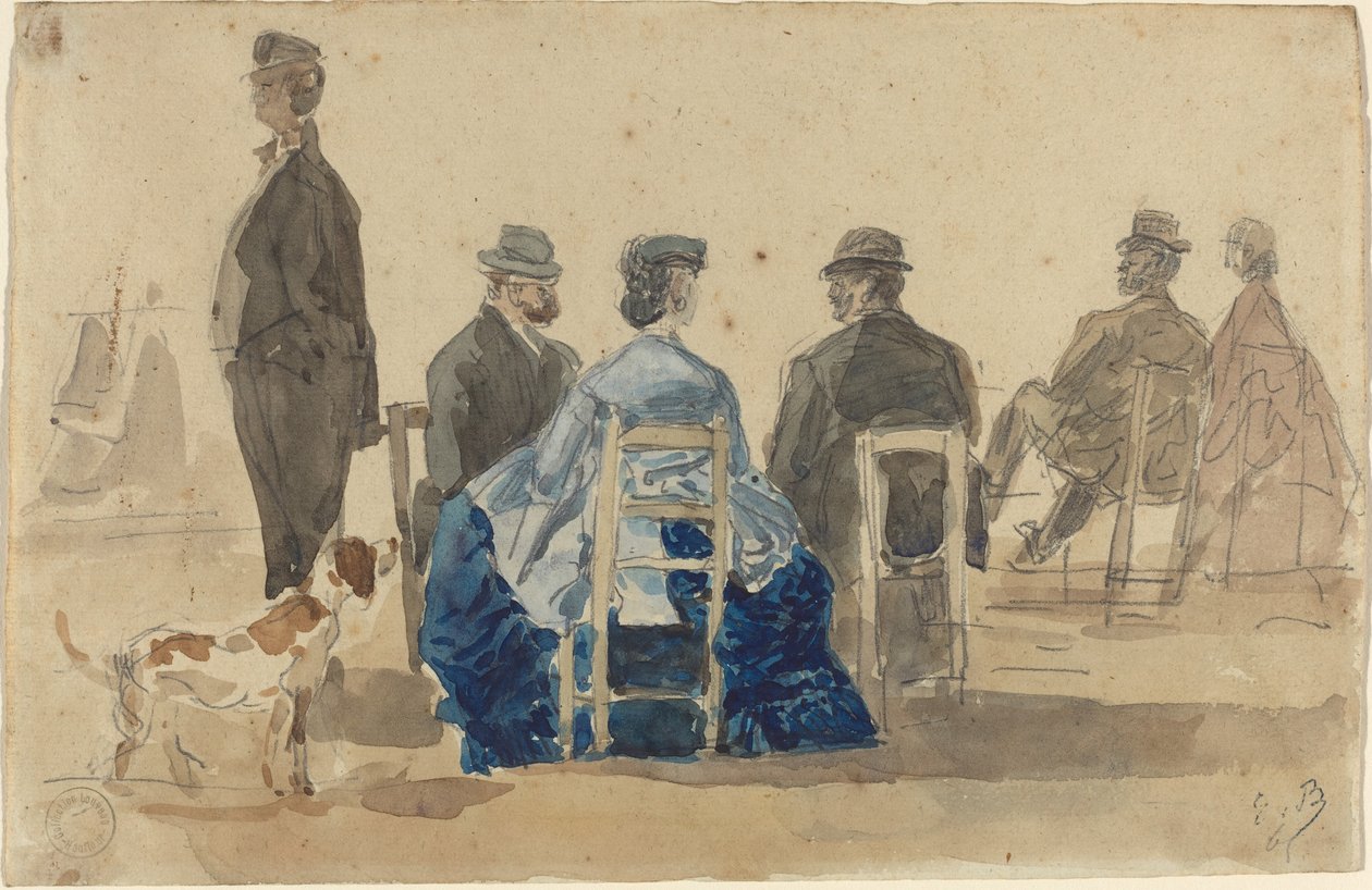 Damen und Herren am Strand mit einem Hund von Eugene Louis Boudin
