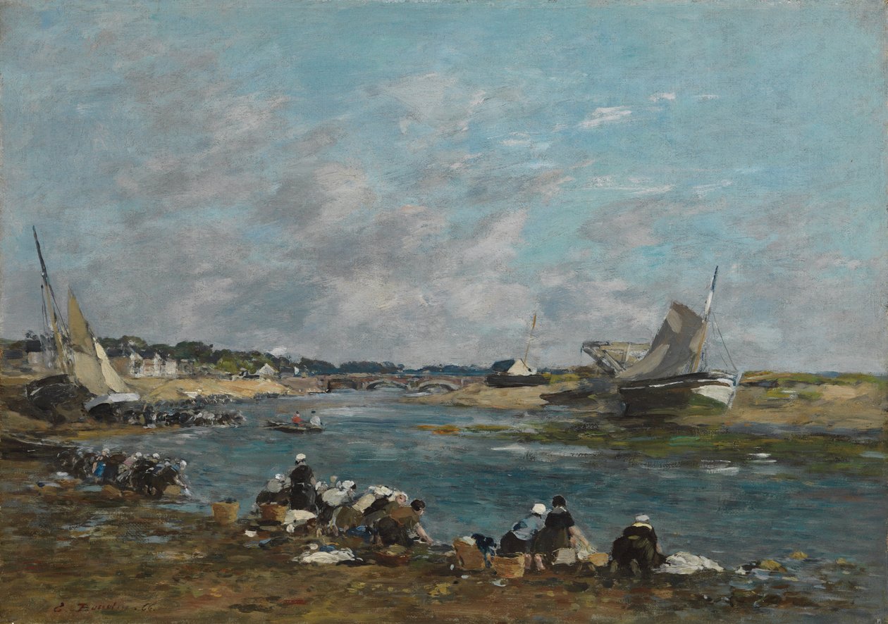 Wäscherinnen am Ufer des Flusses Touques; Lavandières sur un des bras de la Touques, 1866 von Eugene Louis Boudin