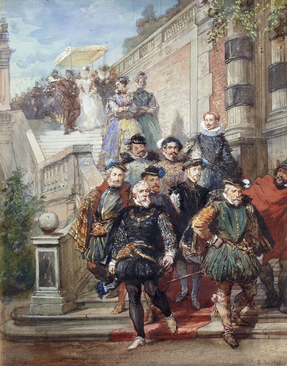 Eine königliche Prozession, die eine Treppe in einem Garten hinabsteigt, 1869 von Eugene Louis Lami