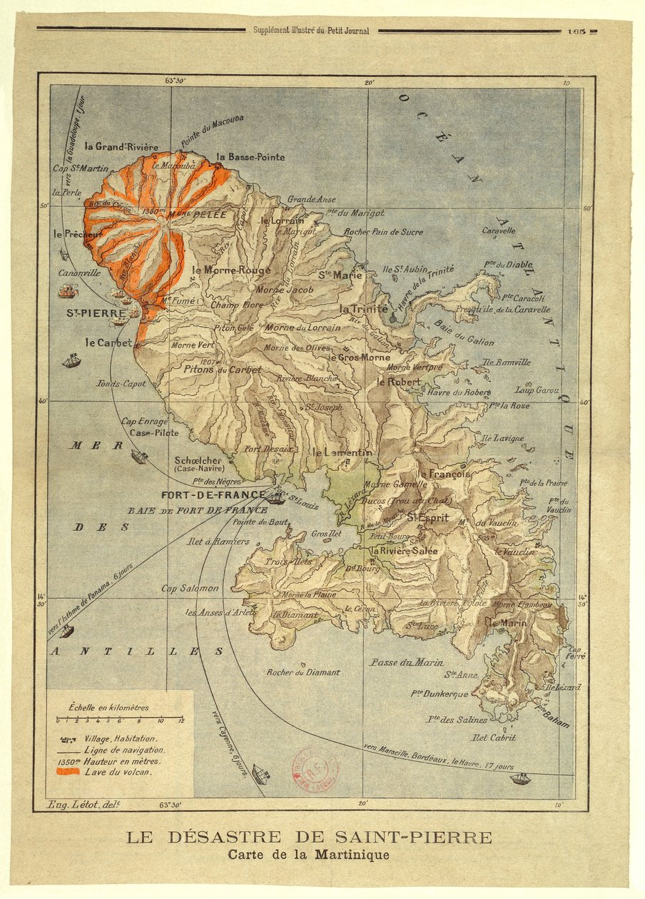 Die Katastrophe von Saint-Pierre. Karte von Martinique von Eugène Letot