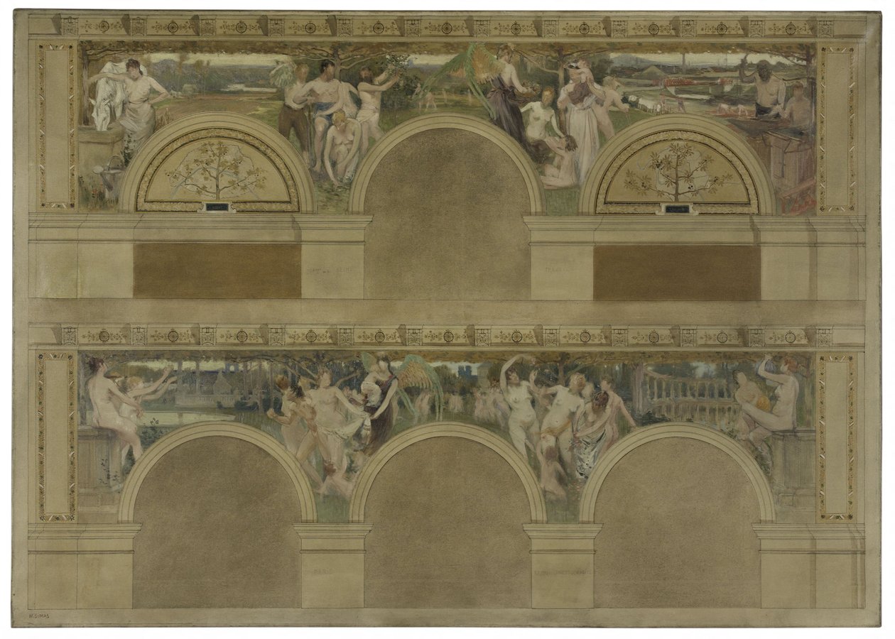 Skizze für einen der Einführungsräume des Hôtel de Ville de Paris: Le Travail. Les Réjouissances. La Charité, 1892 von Eugène Martial Simas