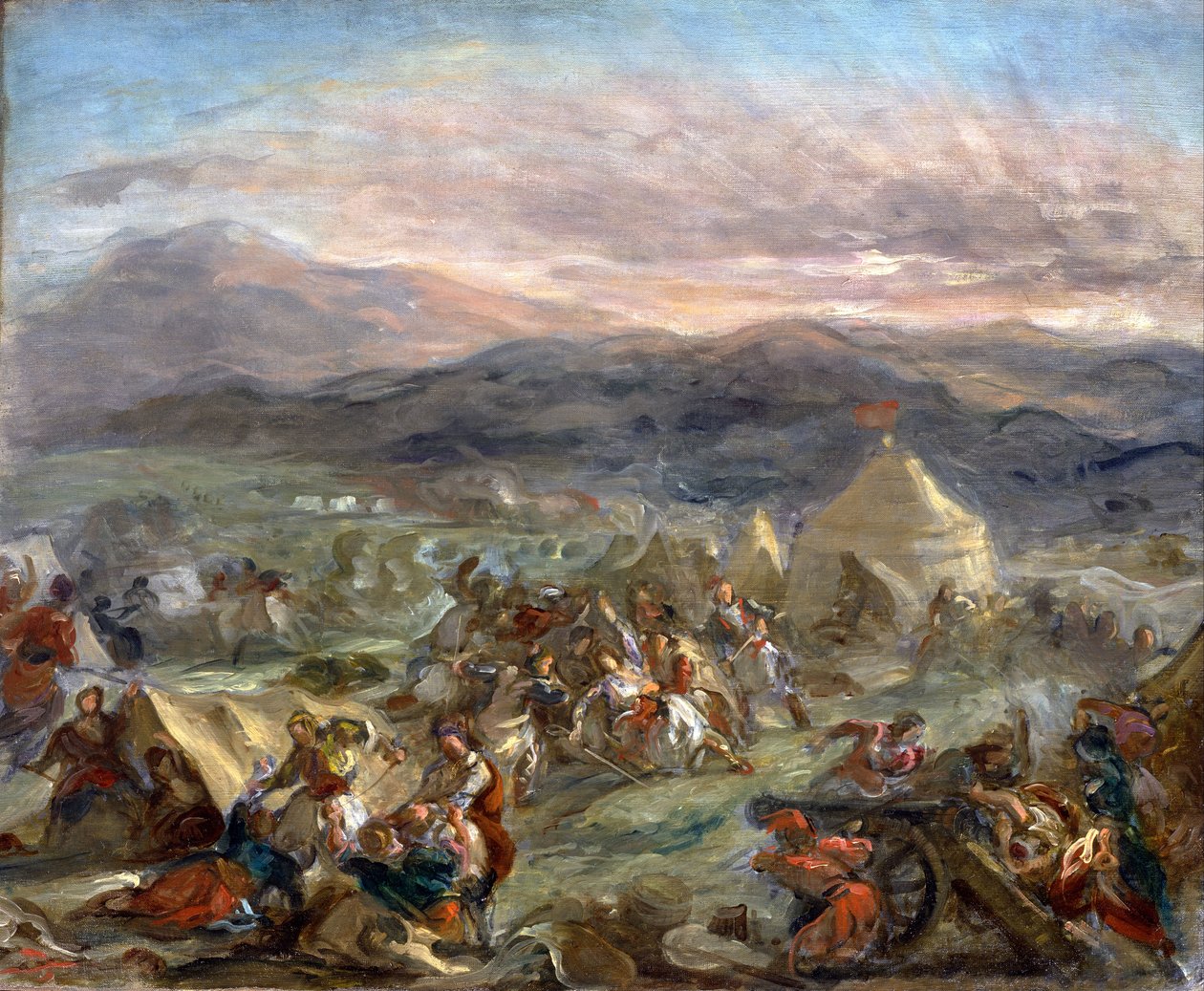 Botzaris überrascht das türkische Lager und fällt tödlich verwundet von Eugène Delacroix