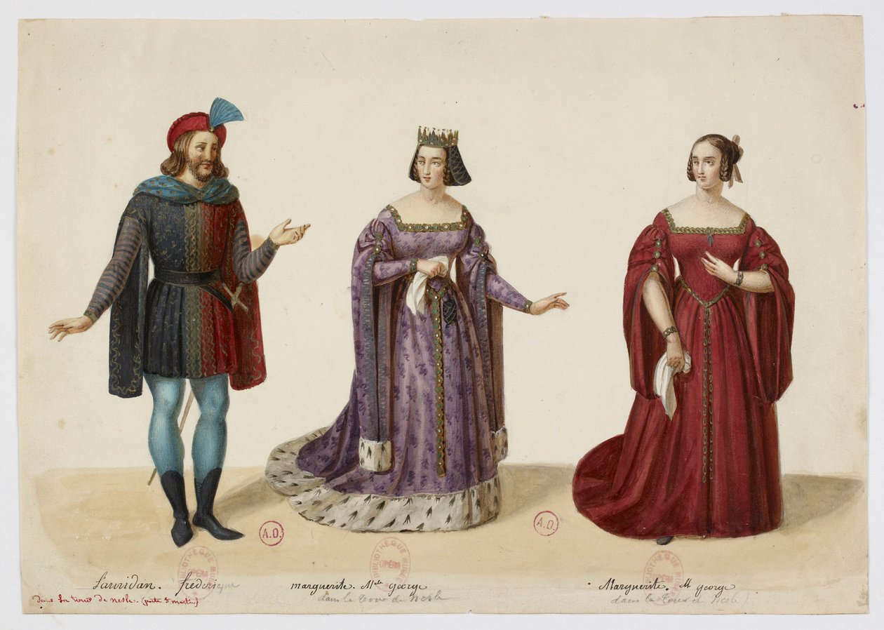 Kostüme - Frederic Lemaitre als Buridan, Mlle George als Marguerite de Bourgogne (La Tour de Nesle, September 1832) von Eugène Du Faget