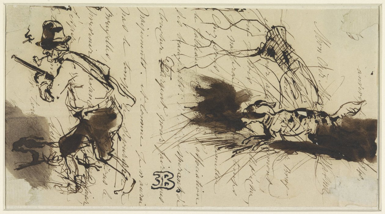 Jäger mit Hund, über einen Brief gezeichnet von Eugène François de Block