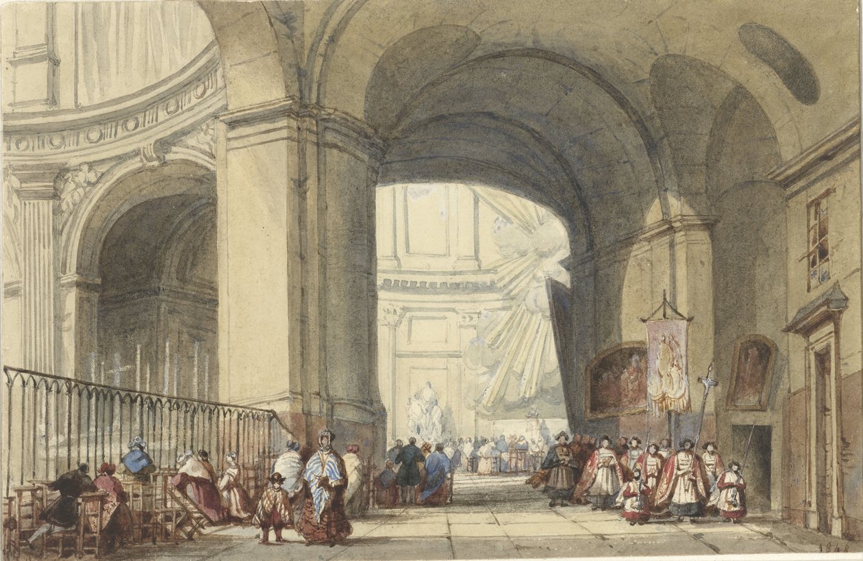 Innenraum der S. Roche in Paris, mit einer Prozession im Vordergrund von Eugène Louis Lami (possibly)
